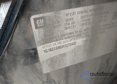 2017 Chevrolet Cruze Lt Auto из США, поврежденный, VIN 1G1BE5SM5H7270442